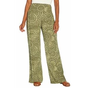 Three Dots Smocked Waist Wide Leg Pants Size M Olive Green Boho Print Casual